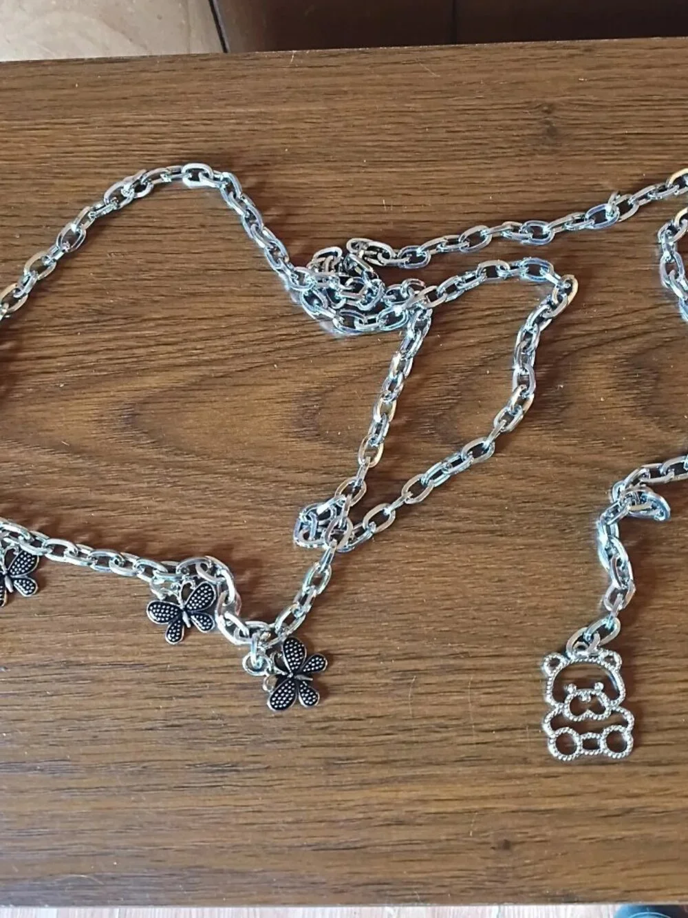 BOMAI Y2K Silver Tone Butterfly Waist Chain Belt Teddy Bear Charm Adjustable NEW